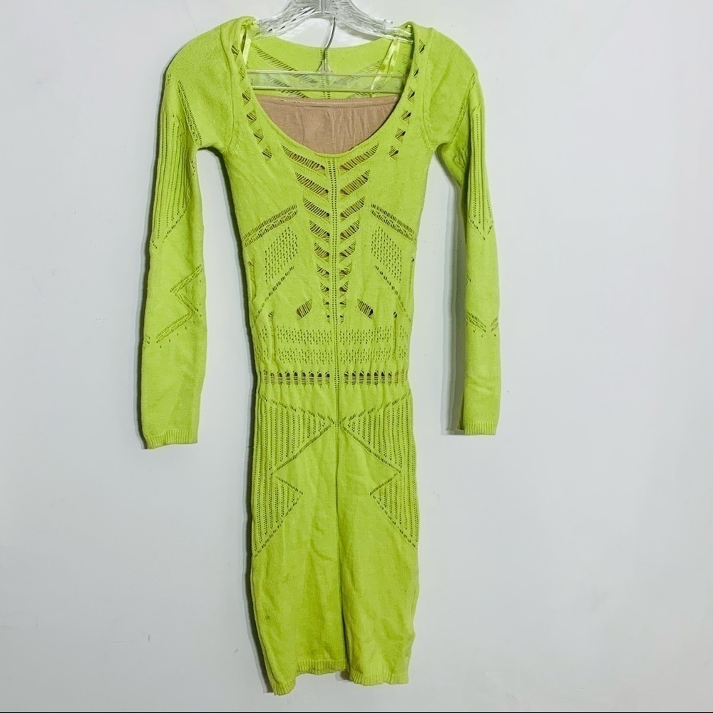 Venus Knit Crochet Open Weave Long Sleeve Fitted midi pencil dress small